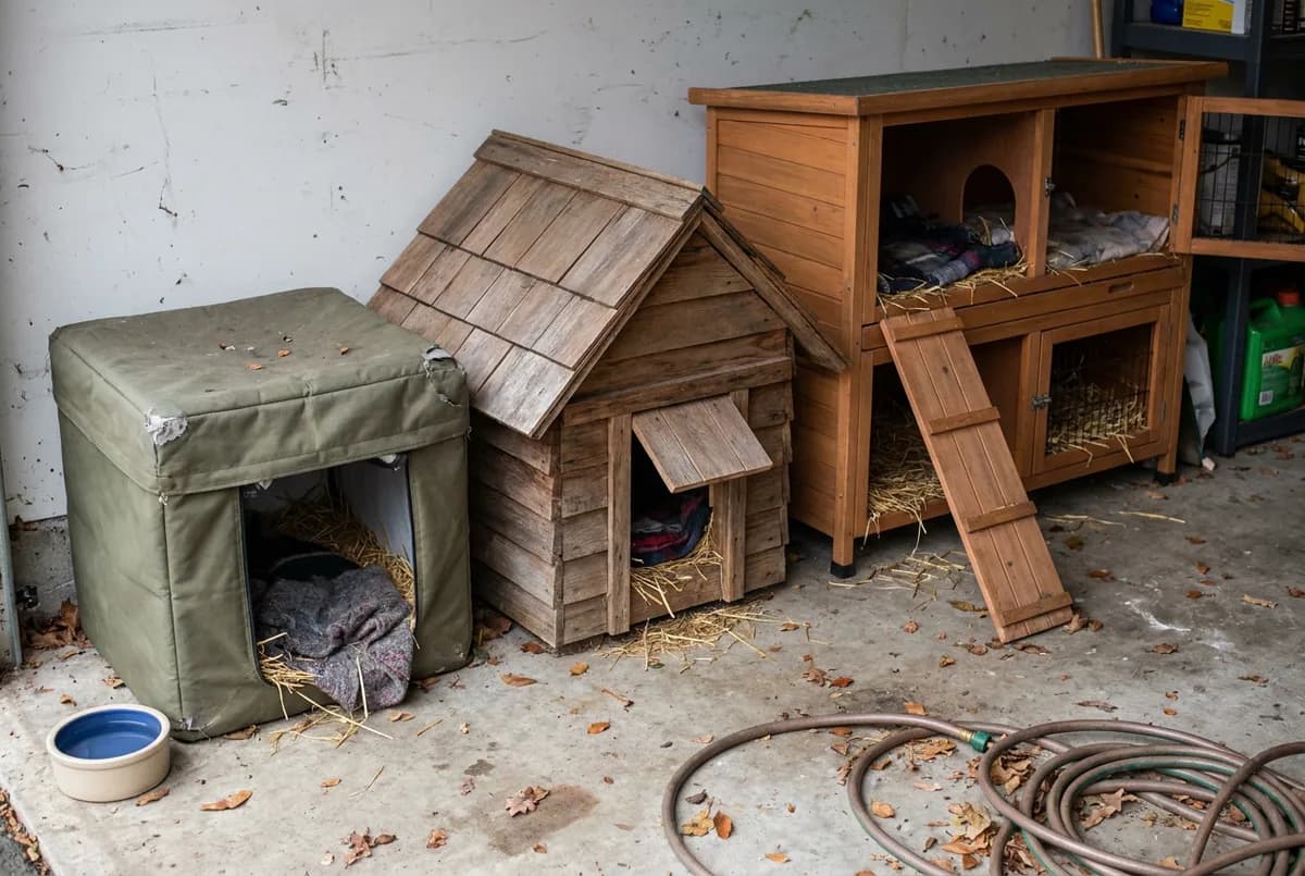 Three outdoor cat shelters side by side on a garage floor: a soft fabric house, a small wooden house and a two-story wooden house with a ramp