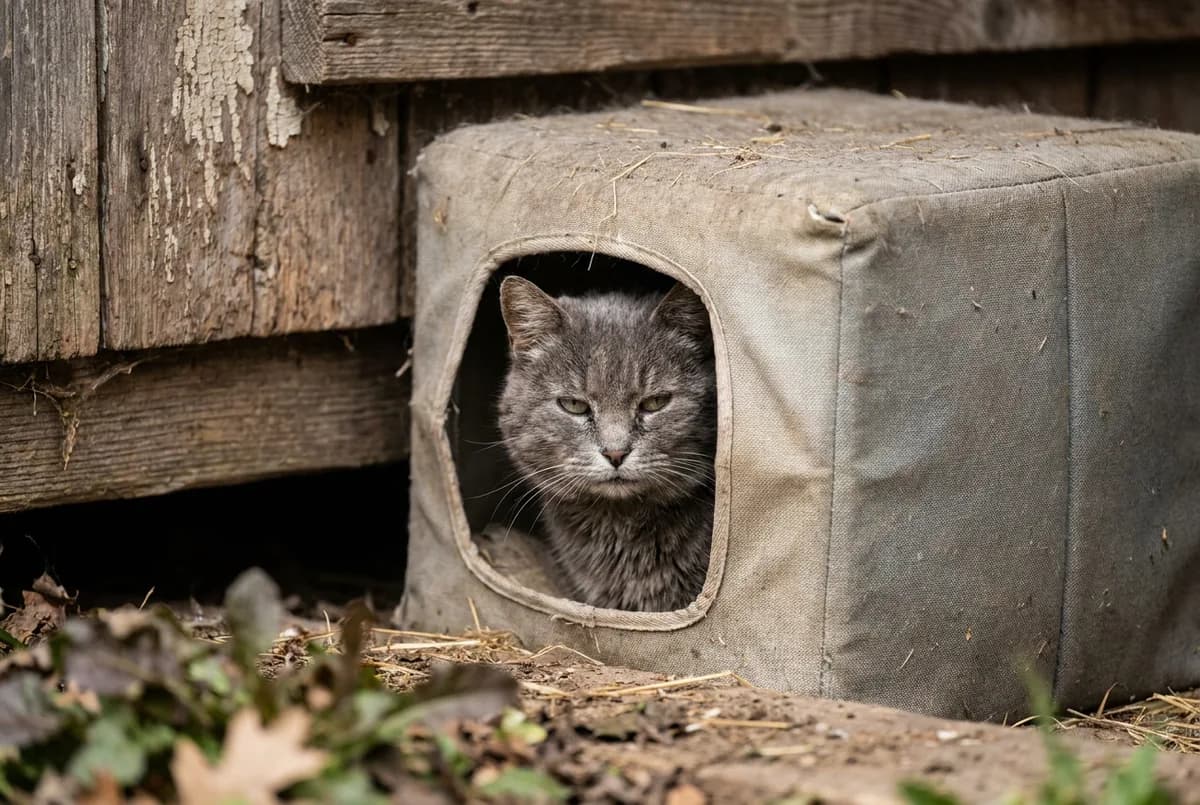 Grey cat looking out from the round door of a fabric outdoor cat shelter tucked under a wooden deck