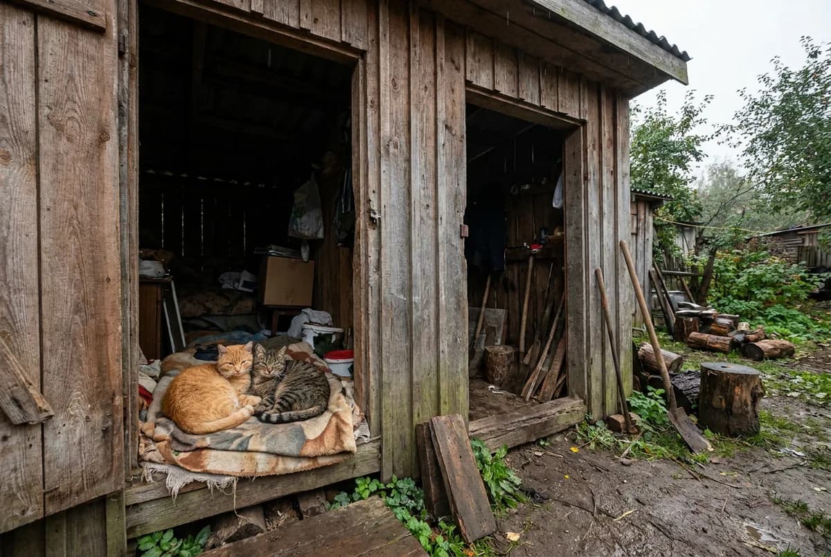 Two cats sharing a blanket inside a wooden barn shelter beside an open door