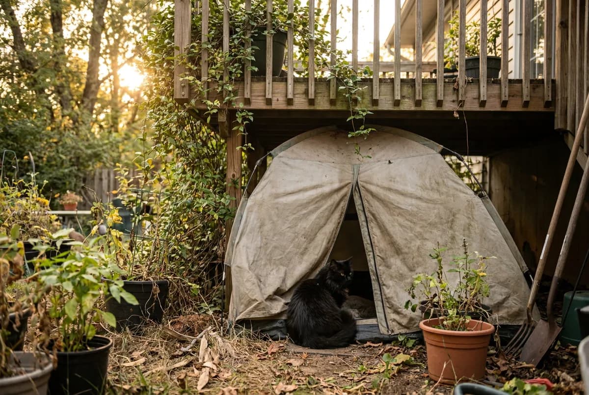 Black cat resting at the entrance of a canvas outdoor cat shelter under a raised deck surrounded by potted plants