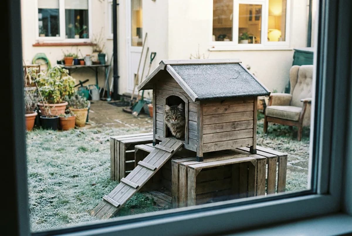 Tabby cat inside a small wooden outdoor cat house with a ramp on a frosty patio seen through a kitchen window