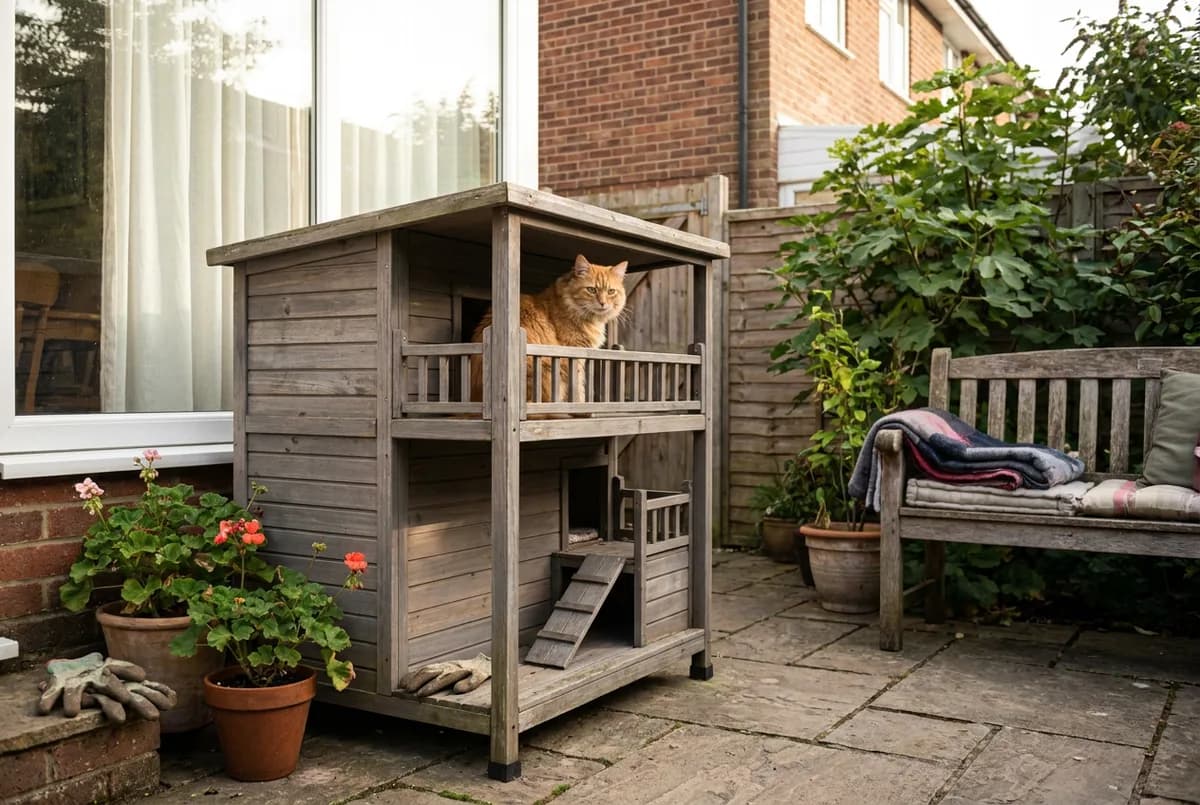 Orange cat on the upper level of a two-story wooden outdoor cat house on a stone patio