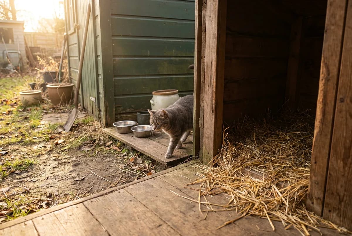 Grey tabby cat walking toward food bowls beside a shed doorway filled with loose straw
