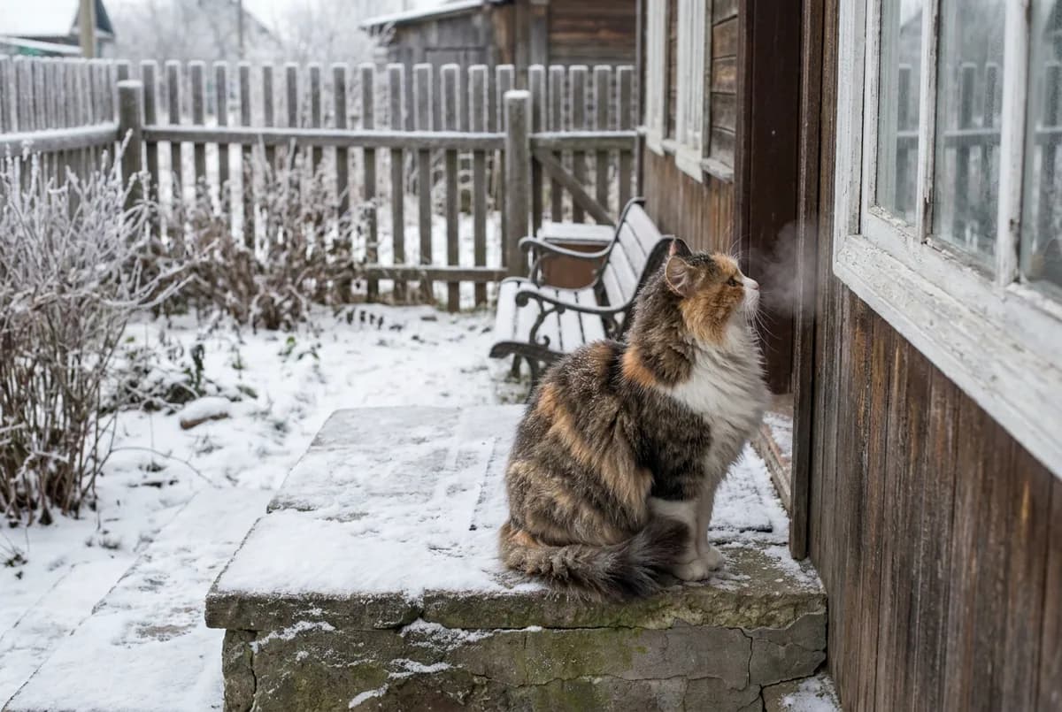 Long-haired calico cat sitting on a snowy stone step beside a wooden house with its breath visible in the cold