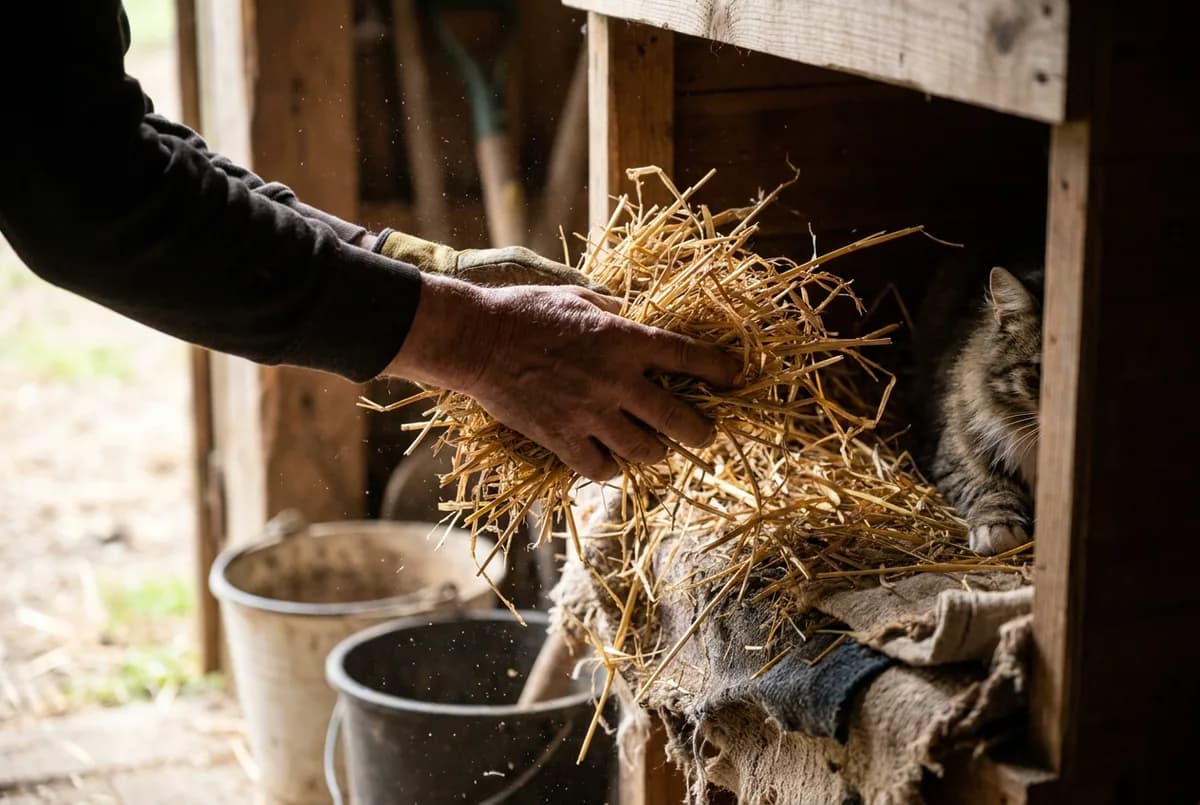 Hands adding a bundle of loose straw into the doorway of a wooden shelter while a cat watches from inside