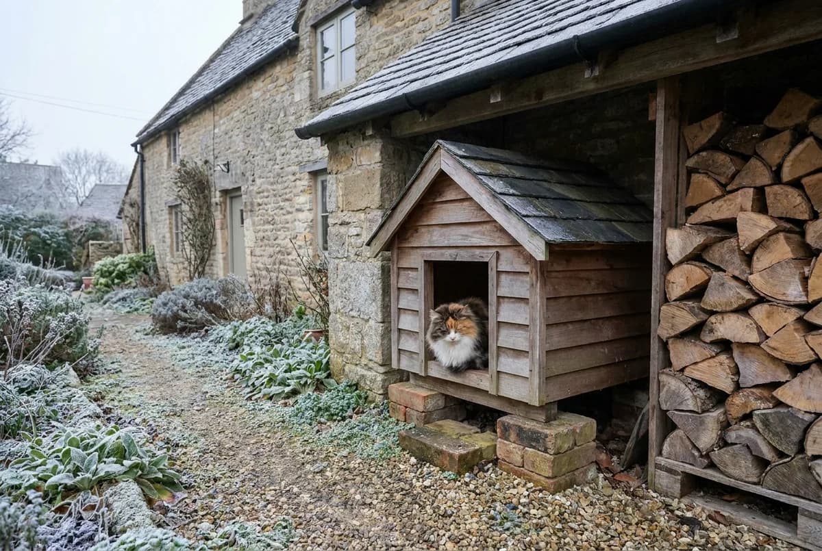 Long-haired calico cat sitting inside a small cedar outdoor cat house raised on bricks beside a woodpile and a frosty stone cottage path