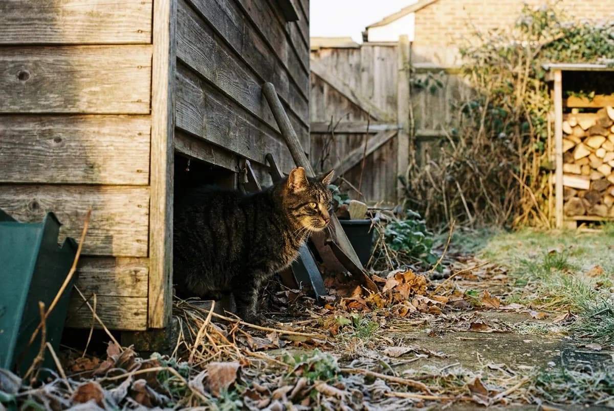 Tabby cat stepping out of a wooden outdoor cat house set against a fence in a leaf-covered winter garden