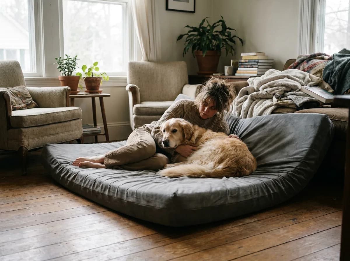 Woman lying on an oversized grey foam dog bed on a living room floor with her arm around a golden retriever
