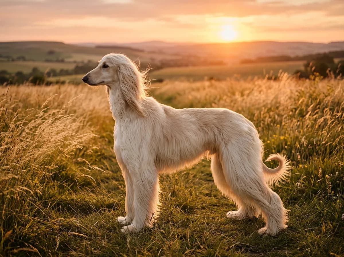 A cream Afghan Hound with a long flowing silky coat standing in profile in a golden meadow