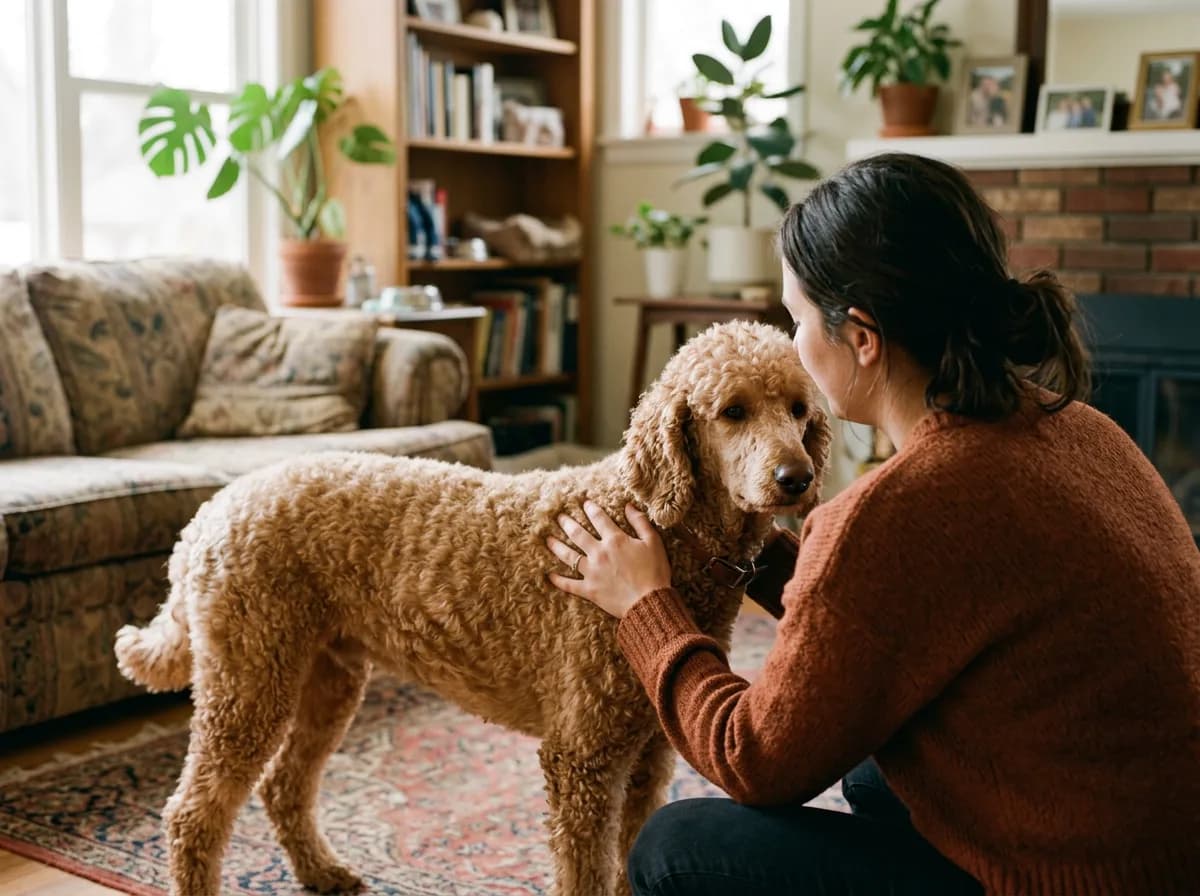 A prospective owner crouching to pet a Standard Poodle in a breeder's home to test their allergy response