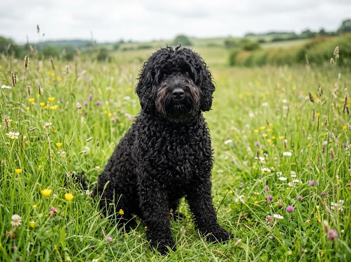 A black Barbet with a dense curly woolly coat and beard sitting in a grassy meadow