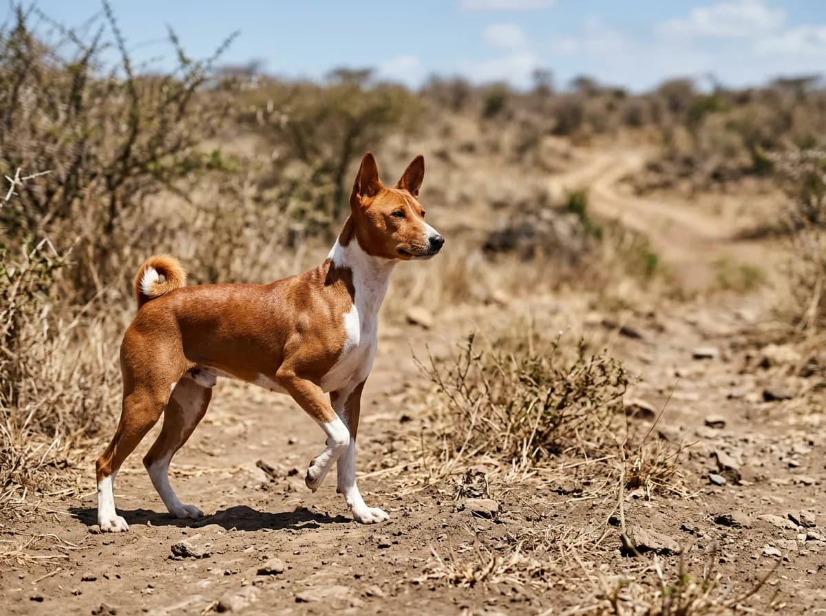 A red-and-white Basenji with a short fine coat and upright ears standing alert on a trail