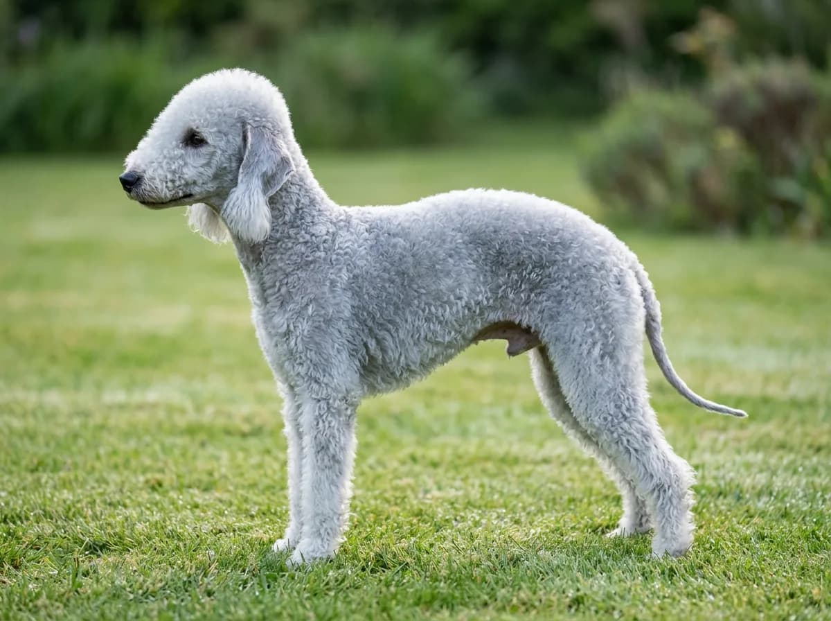 A Bedlington Terrier with a lamb-like curly coat standing in profile on a lawn