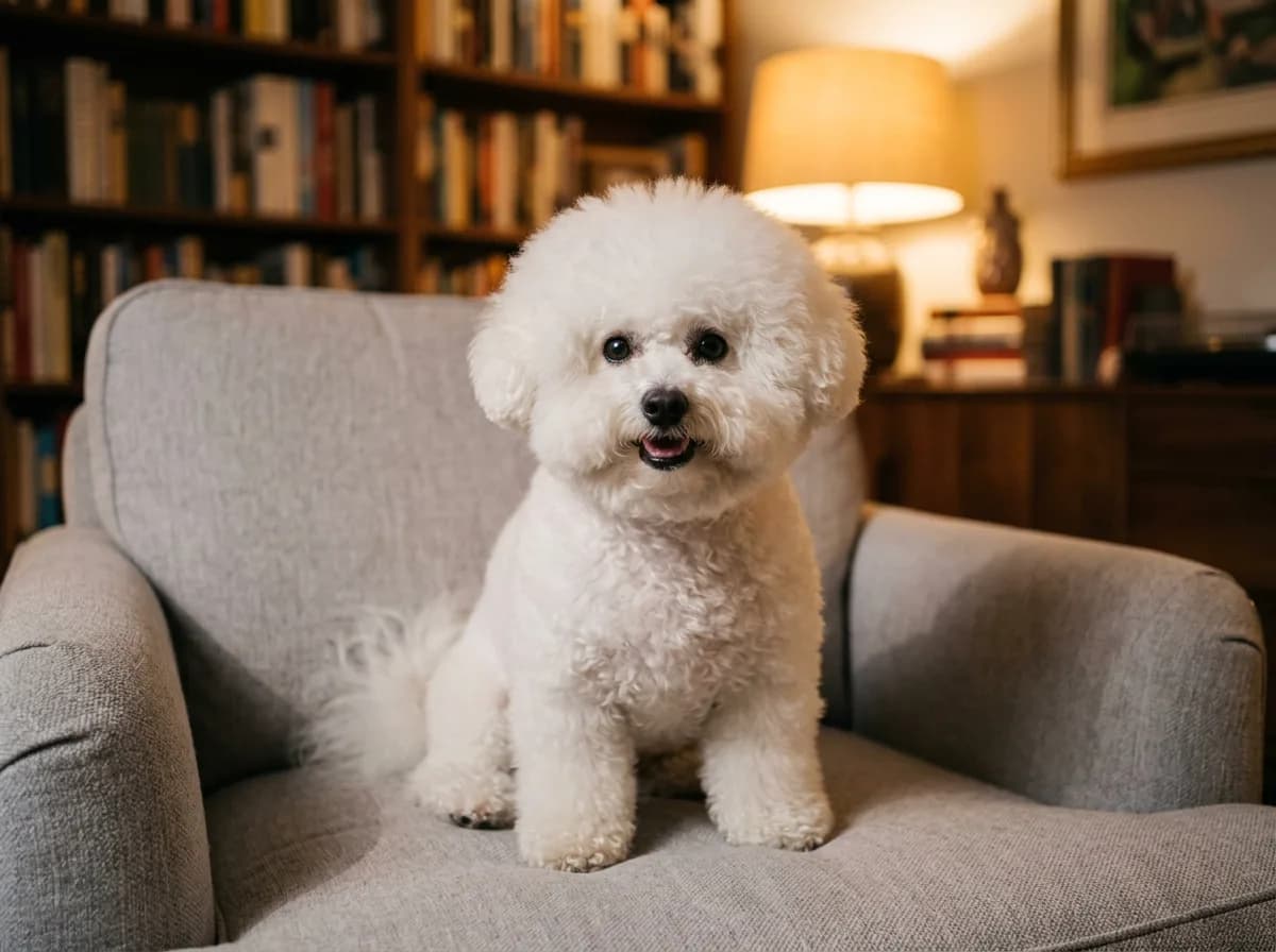 A white Bichon Frise with a rounded fluffy coat sitting on a gray armchair indoors