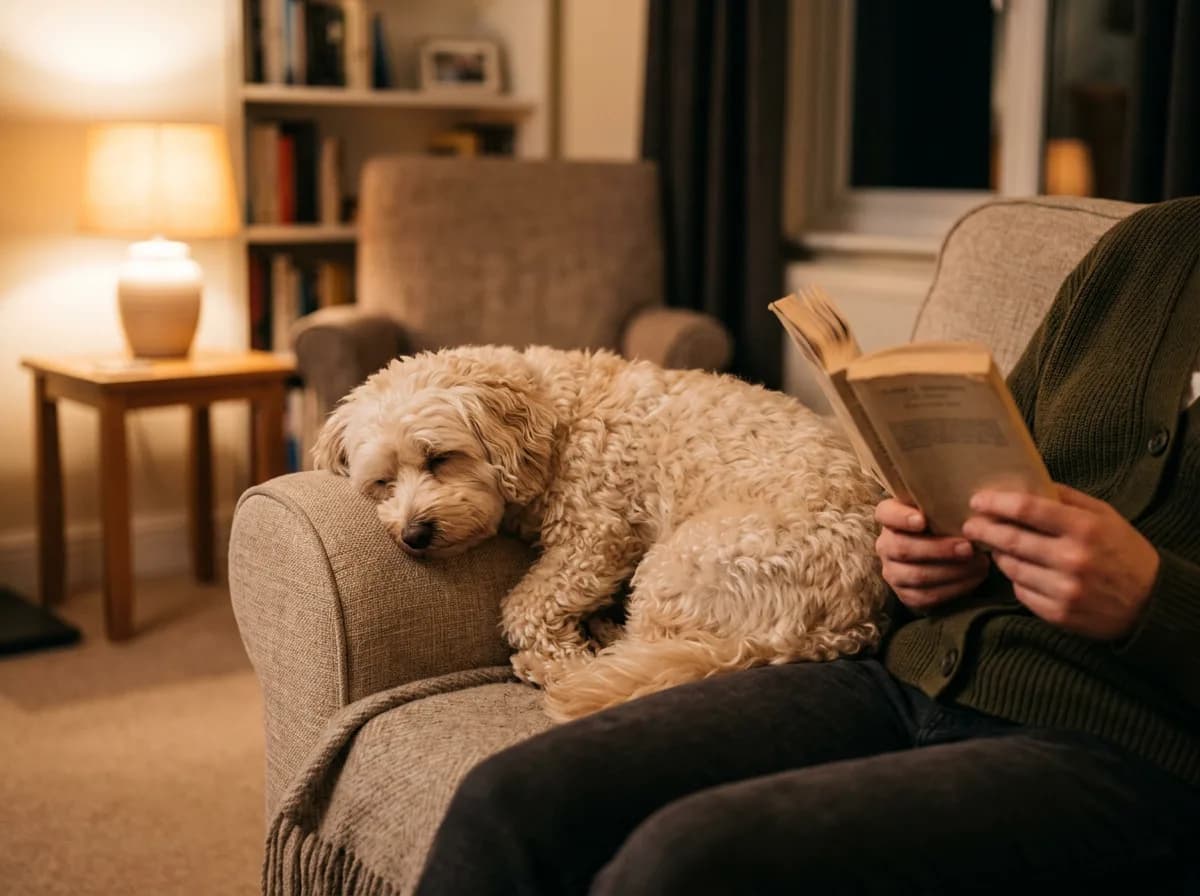 A calm Havanese resting on a sofa beside a person reading a book