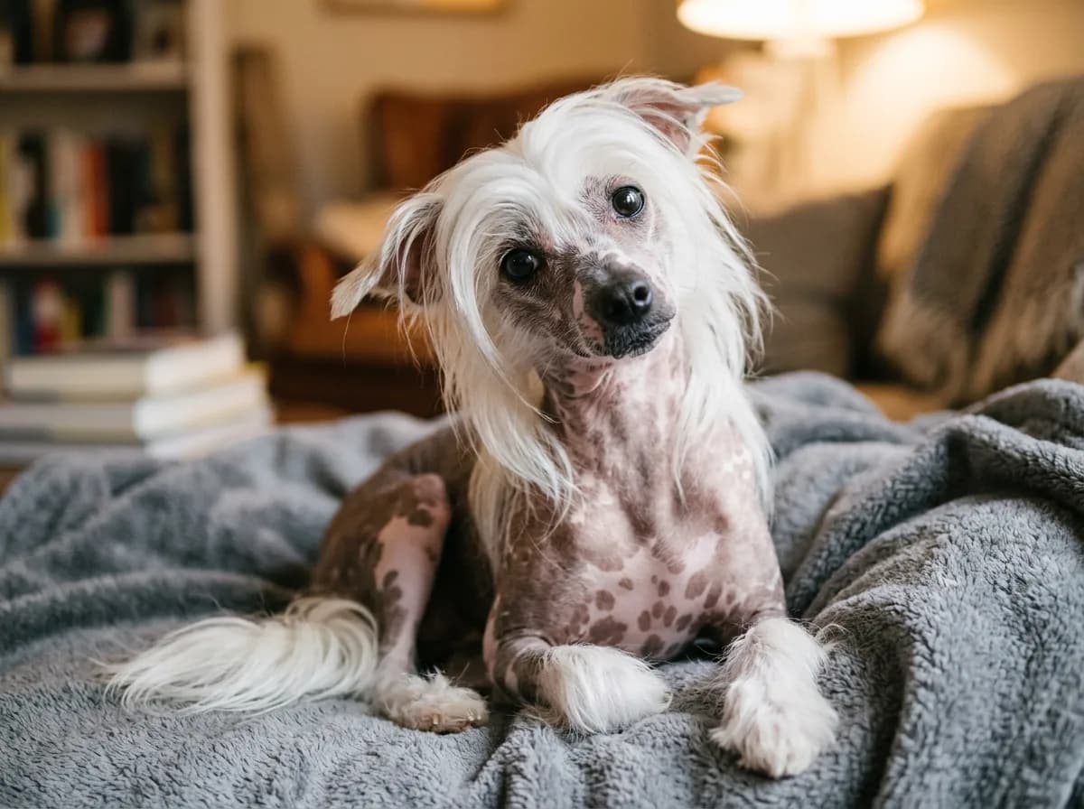 A Hairless Chinese Crested dog with hair tufts on head and feet sitting on a fleece throw