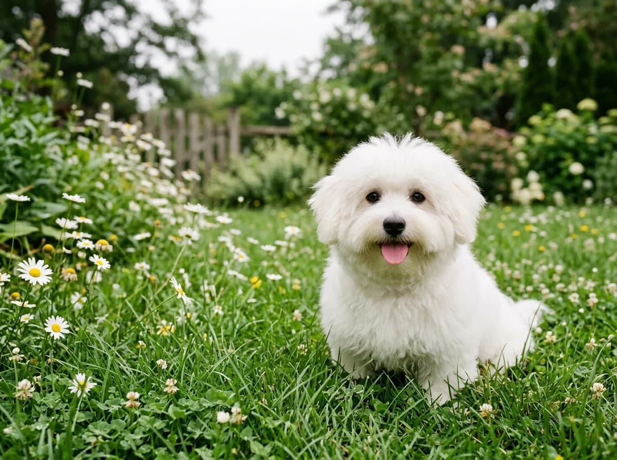 A white Coton de Tulear with a fluffy cotton-soft coat sitting in grass