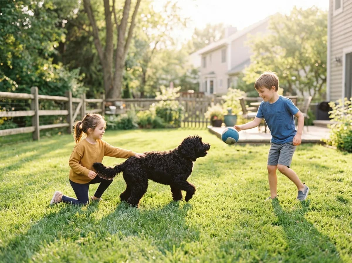 A Portuguese Water Dog playing gently with two children in a sunny backyard