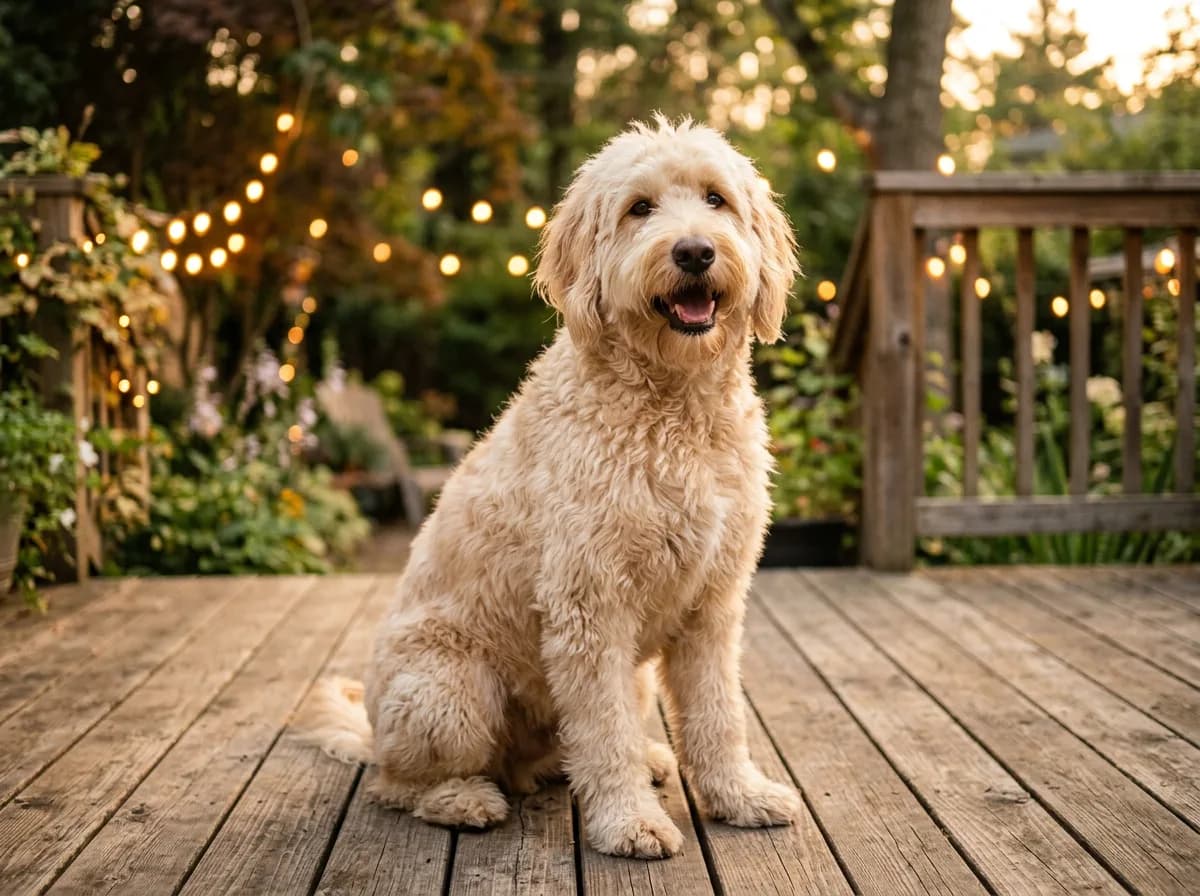 A cream Goldendoodle with a wavy low-shedding coat sitting on a deck in evening light