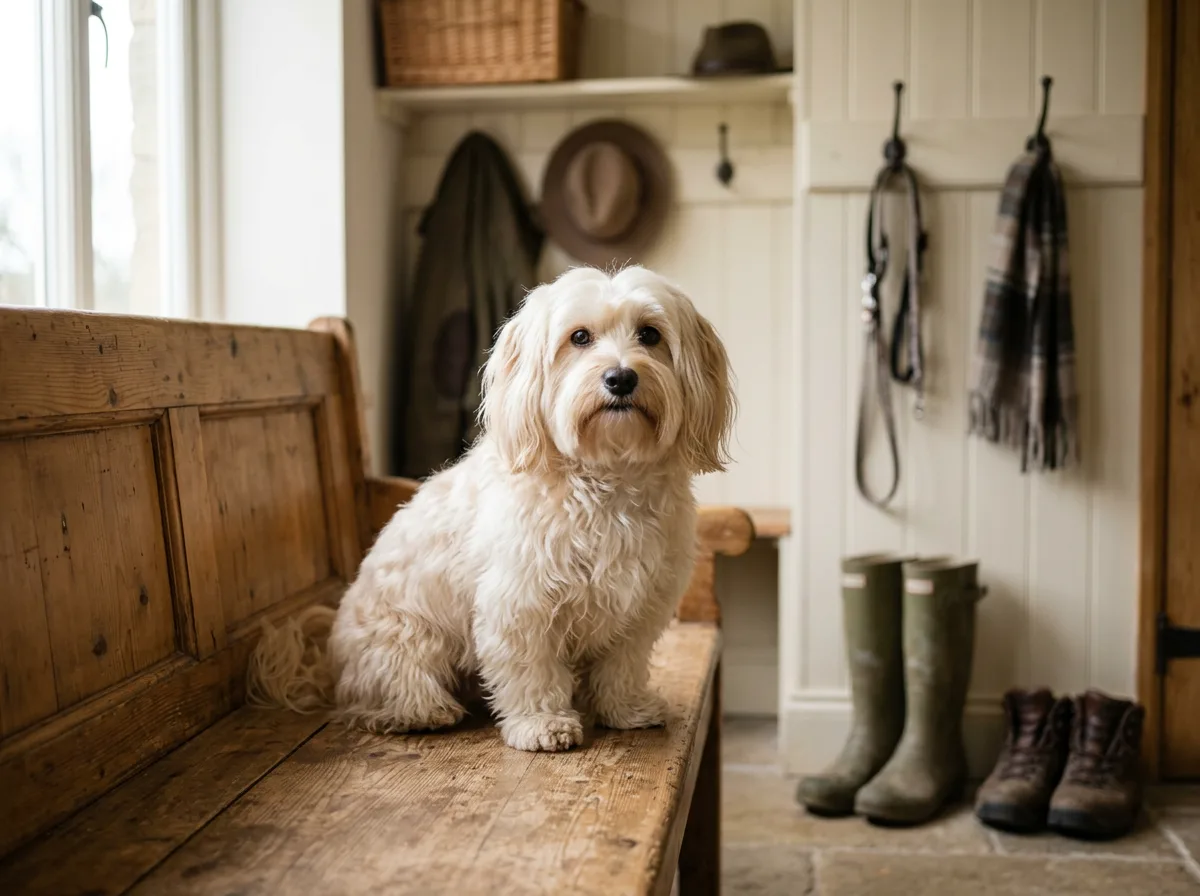 A cream Havanese with a soft wavy coat sitting on a mudroom bench looking at the camera