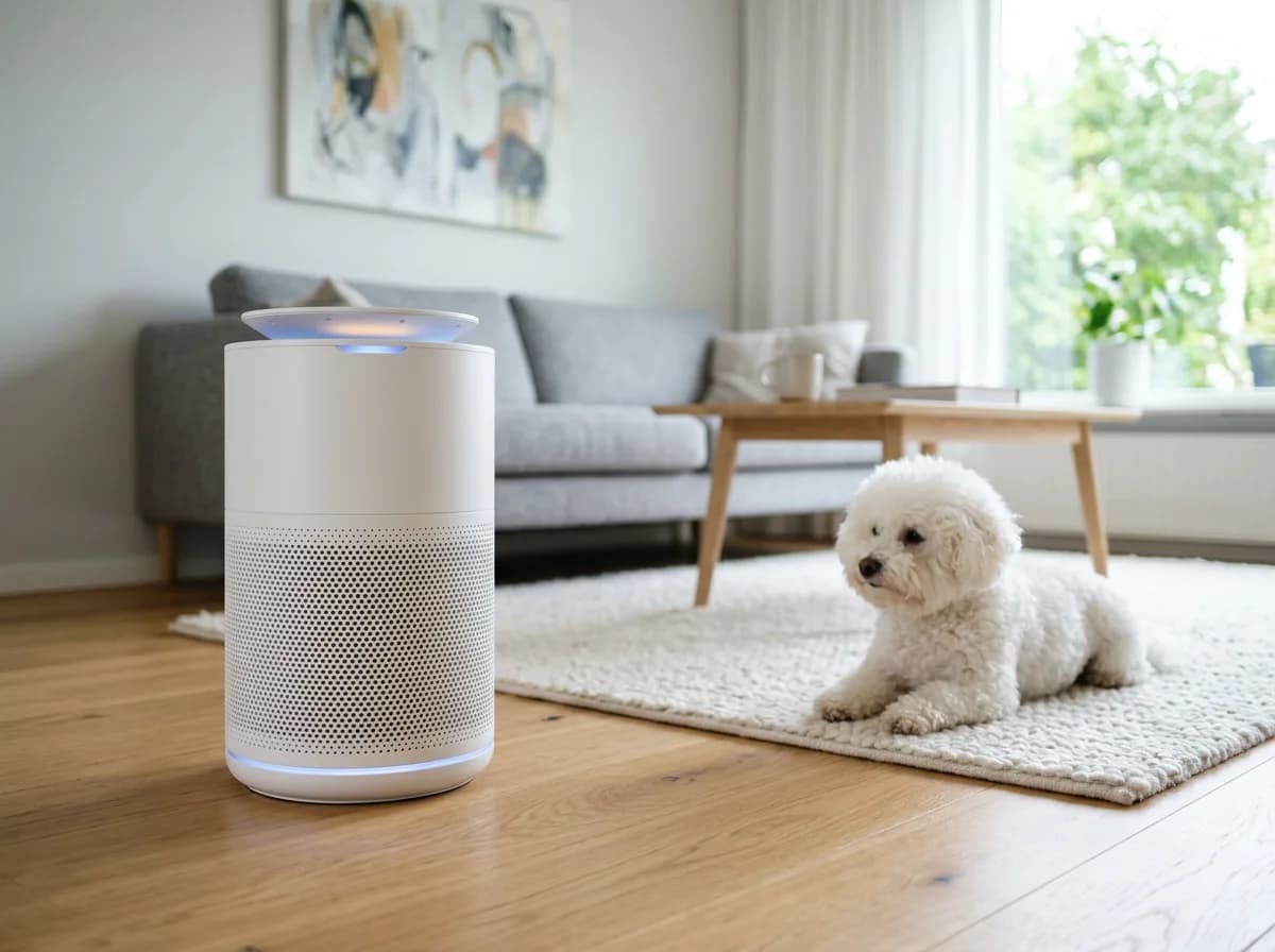 A HEPA air purifier running in a living room with a Bichon Frise resting nearby