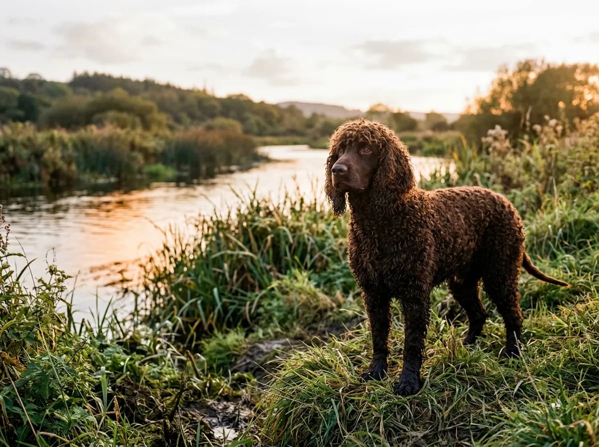 A liver-colored Irish Water Spaniel with a dense curly coat and topknot standing by a river
