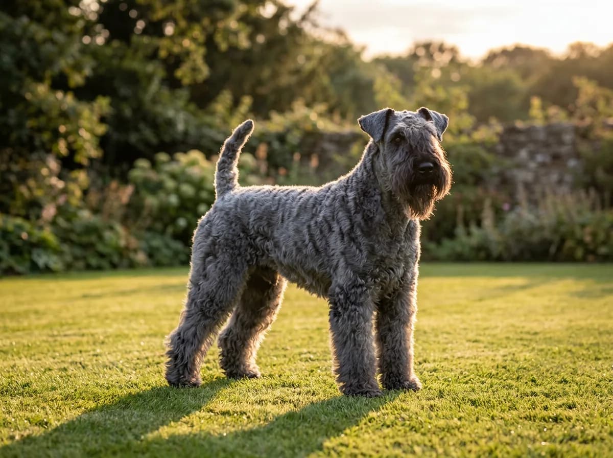 A blue-gray Kerry Blue Terrier with a soft wavy coat standing on a lawn at golden hour
