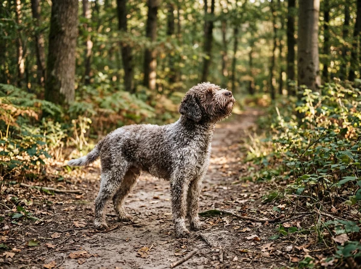 A brown-and-white Lagotto Romagnolo with a woolly curly coat standing on a woodland trail