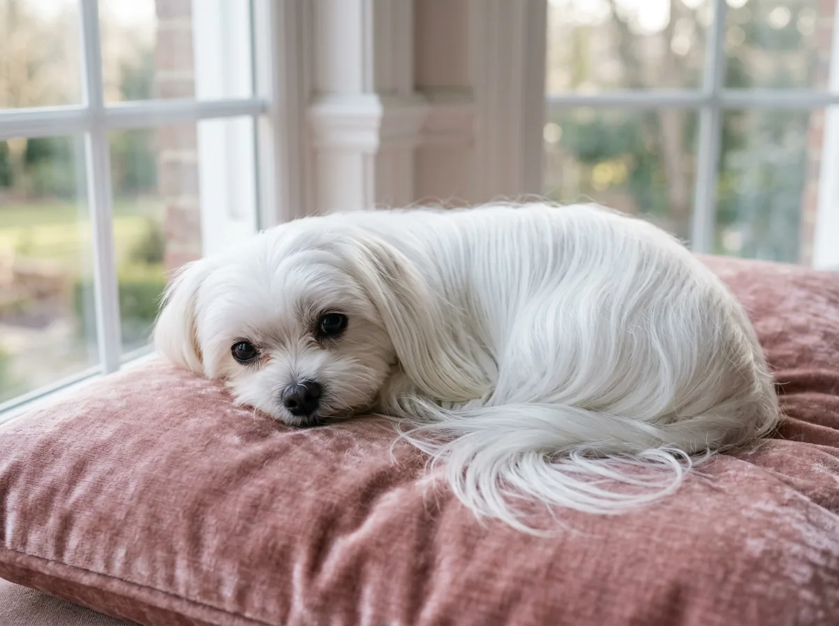 A small white Maltese with long silky single-layer hair resting on a blush cushion