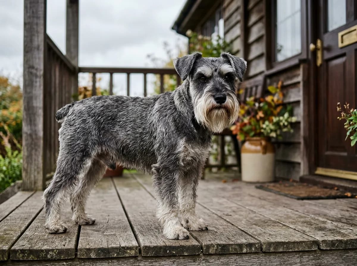 A salt-and-pepper Miniature Schnauzer with characteristic beard and eyebrows standing on a porch