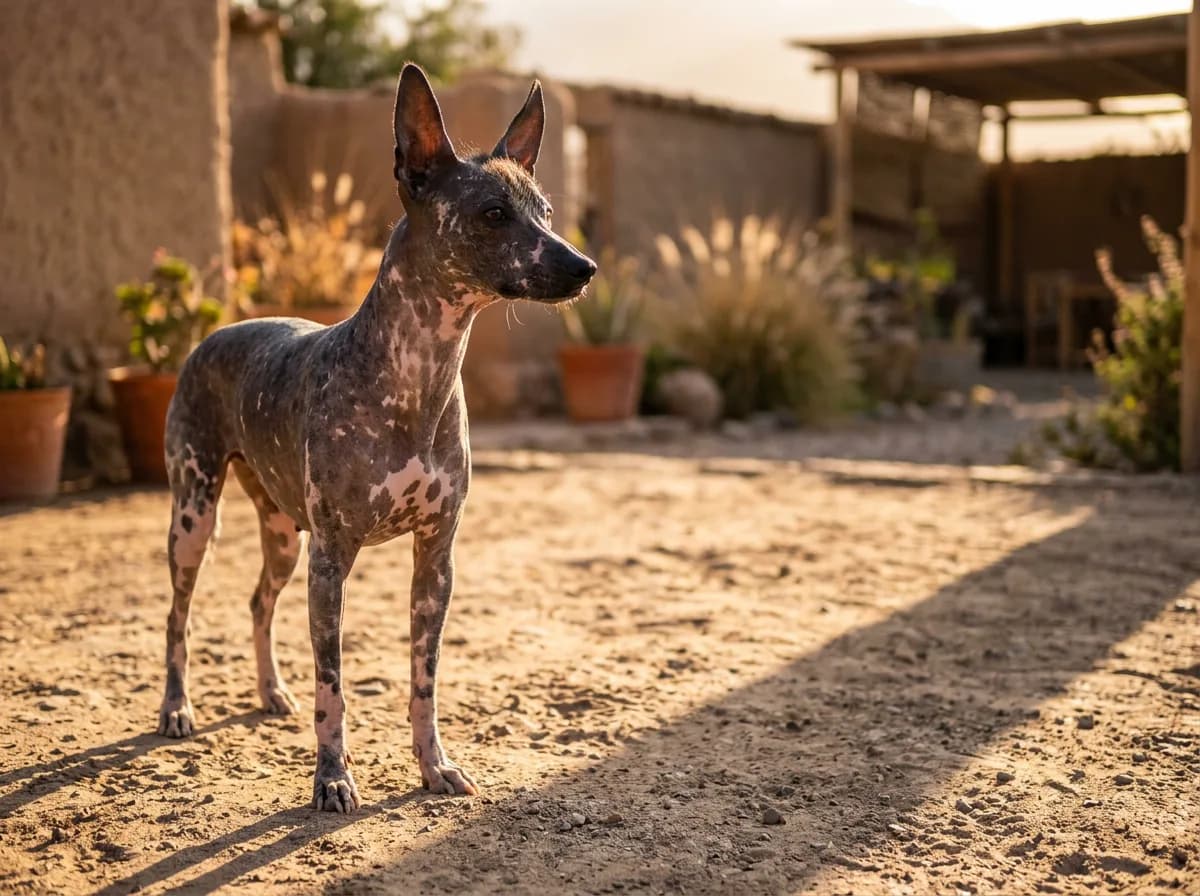 A slender hairless Peruvian Inca Orchid standing on a sunlit sandy patio