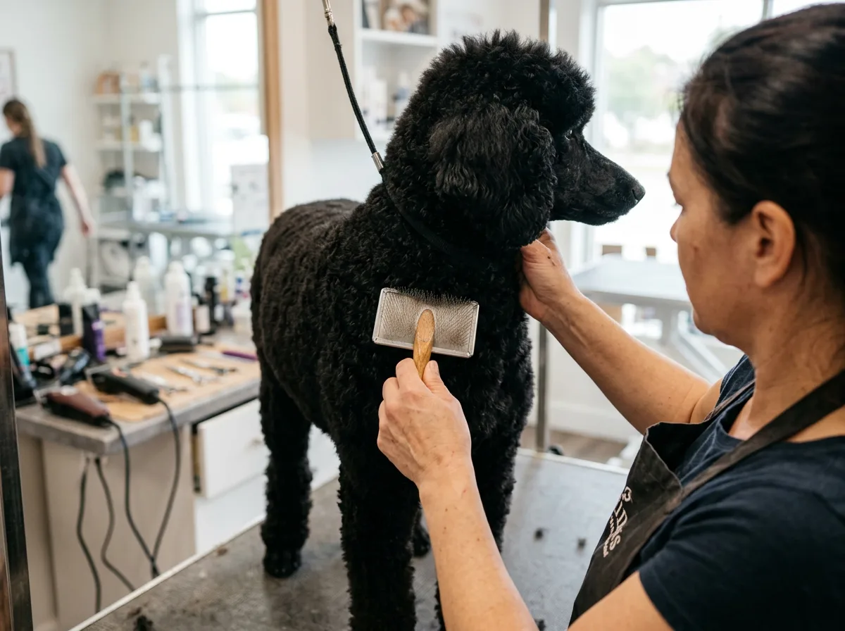 A black Standard Poodle being brushed on a grooming table at a professional groomer