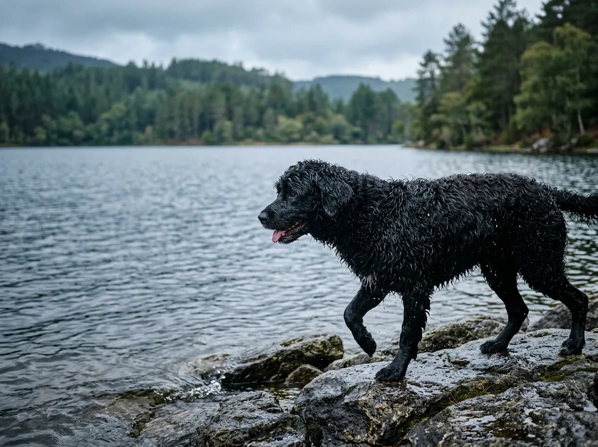 A black Portuguese Water Dog with a wavy low-shedding coat standing on rocks near a lake
