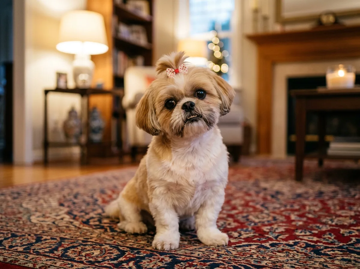 A Shih Tzu with a short trimmed coat and topknot sitting on a patterned rug