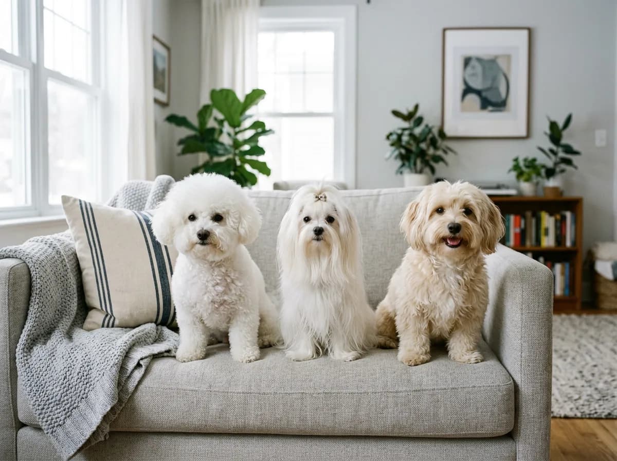 Three small hypoallergenic dogs, a Bichon Frise, a Maltese, and a Havanese, sitting together on a sofa