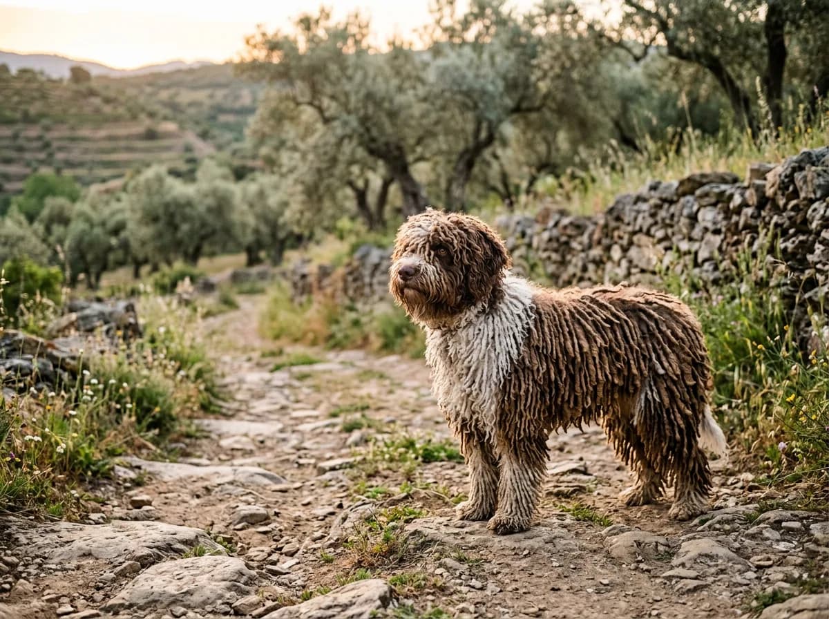 A brown-and-white Spanish Water Dog with a curly corded coat standing on a stone path