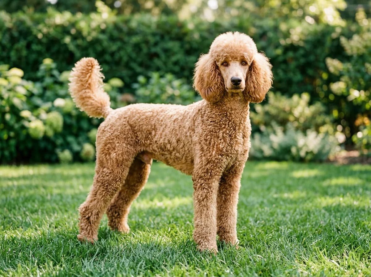 A groomed apricot Standard Poodle standing on grass, showing its dense curly single-layer coat