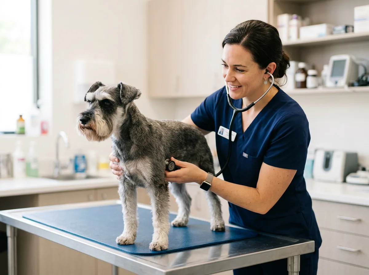 A veterinarian examining a healthy Miniature Schnauzer on a clinic exam table