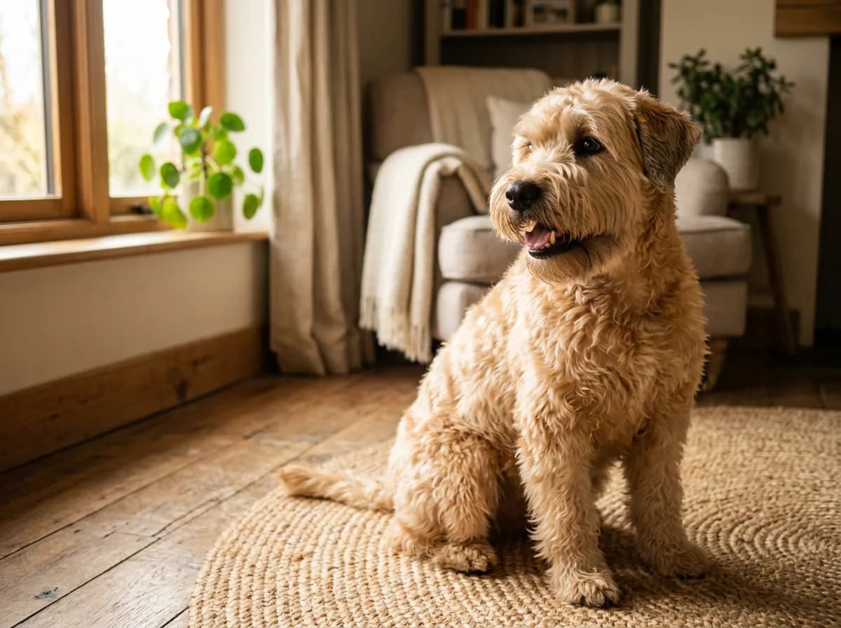 A wheaten-colored Soft Coated Wheaten Terrier with a silky wavy coat sitting on a jute rug