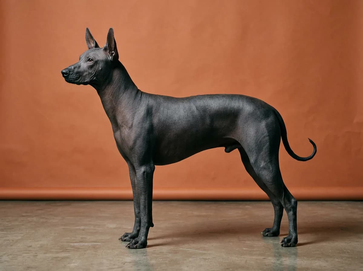 A dark gray hairless Xoloitzcuintli standing in profile against a terracotta studio backdrop