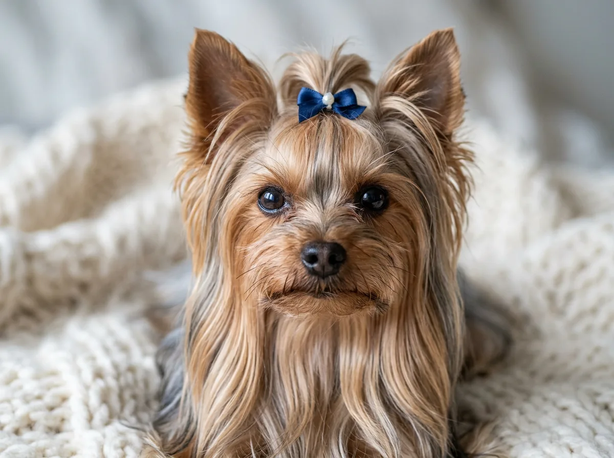 Close-up of a Yorkshire Terrier with silky tan and steel-blue coat on a knit blanket