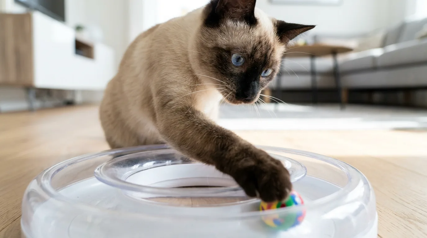 Blue-eyed Siamese cat batting a colorful ball inside a clear circular track toy on a hardwood floor in a bright living room