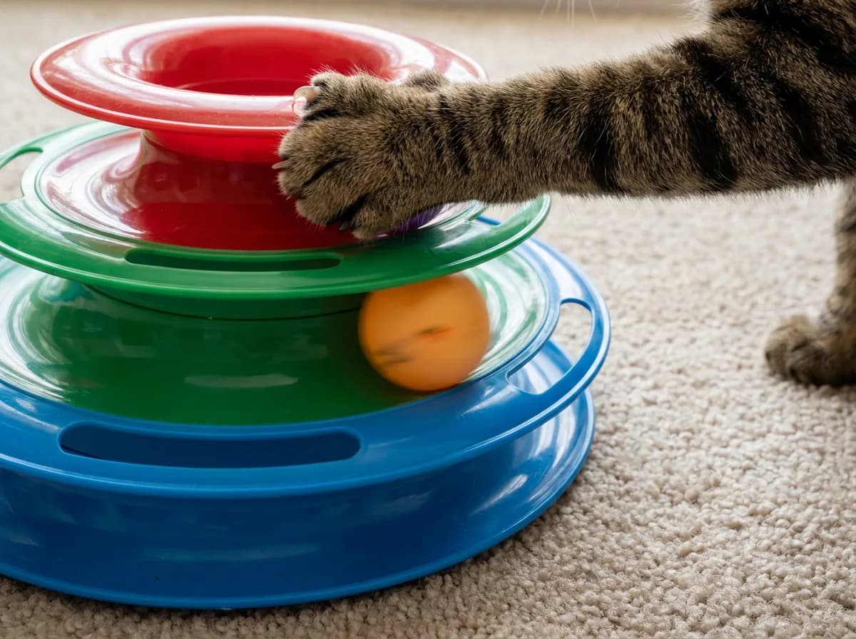 Close-up of a brown tabby cat's paw reaching into a red, green and blue three-tier ball tower toy with an orange ball rolling inside, on beige carpet