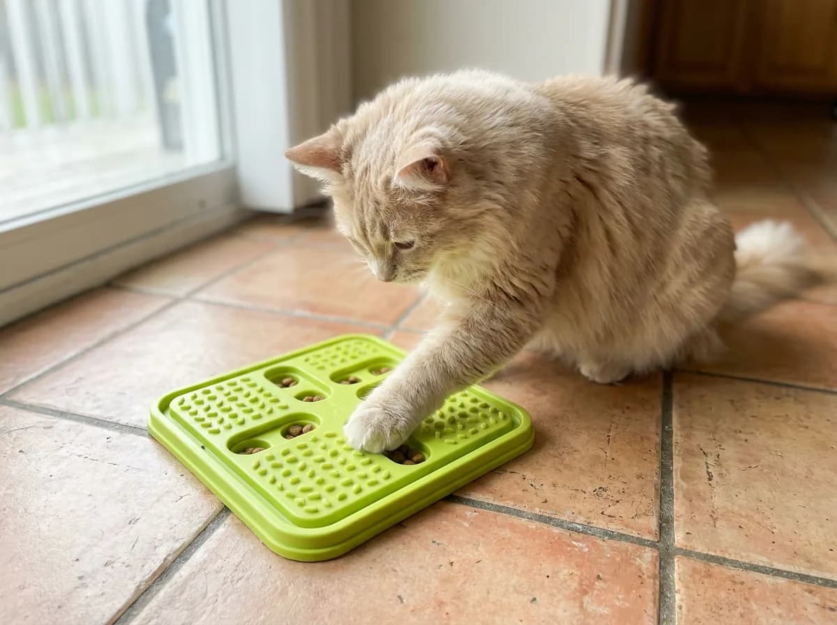 Fluffy cream longhaired cat pawing kibble out of a green treat puzzle board on terracotta kitchen tile beside a sunny glass door