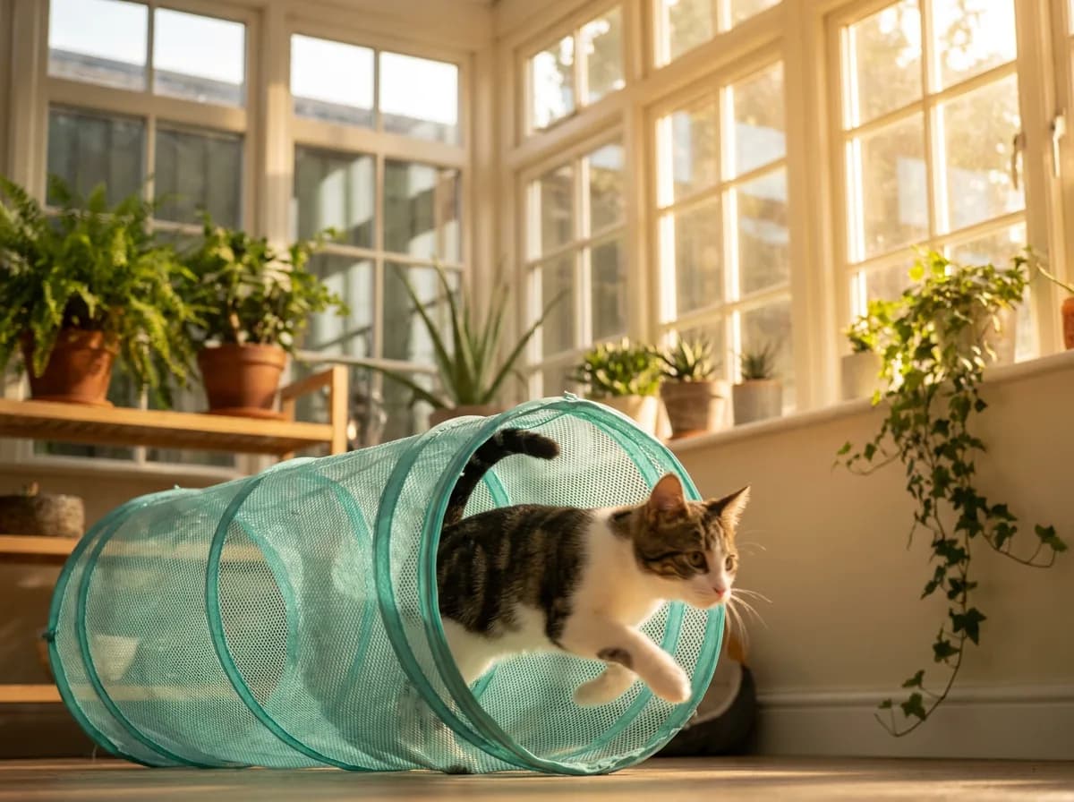 Young tabby-and-white cat leaping out of a teal mesh play tunnel in a sunlit plant-filled sunroom, front paw mid-stride