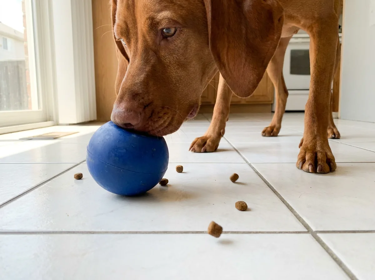 Vizsla on a white tile kitchen floor nosing a blue treat-dispensing ball as kibble spills out