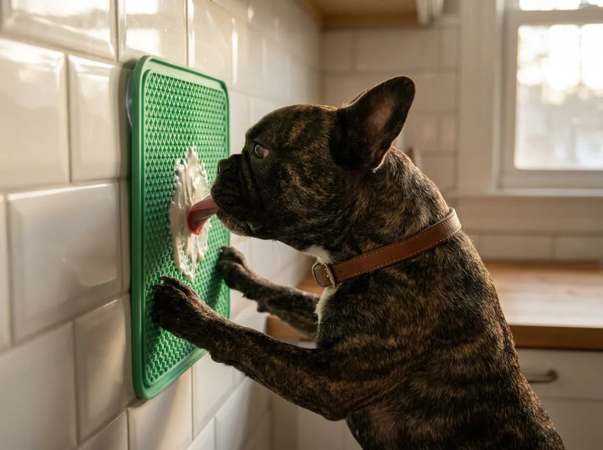 Brindle French bulldog standing on its hind legs to lick yogurt from a green silicone lick mat suctioned to a white tile wall