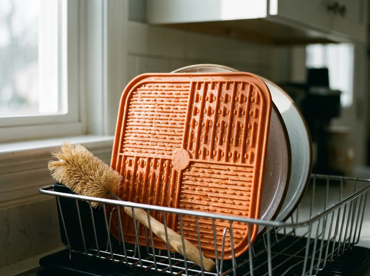 Rinsed orange textured lick mat drying in a kitchen dish rack with a small brush beside it