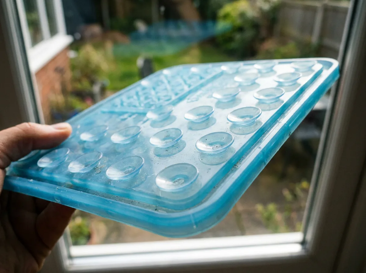 Underside of a blue silicone lick mat held up to a window showing its rows of clear suction cups