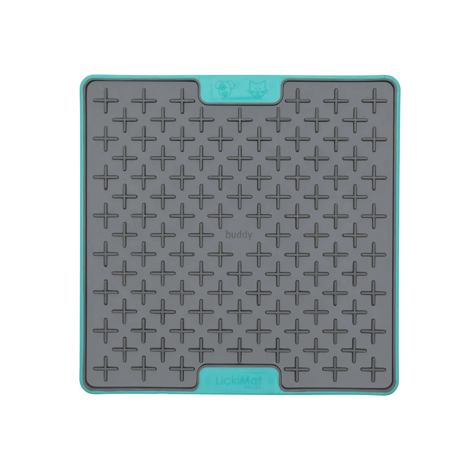 Turquoise-rimmed LickiMat Tuff Buddy showing its rigid frame and cross pattern